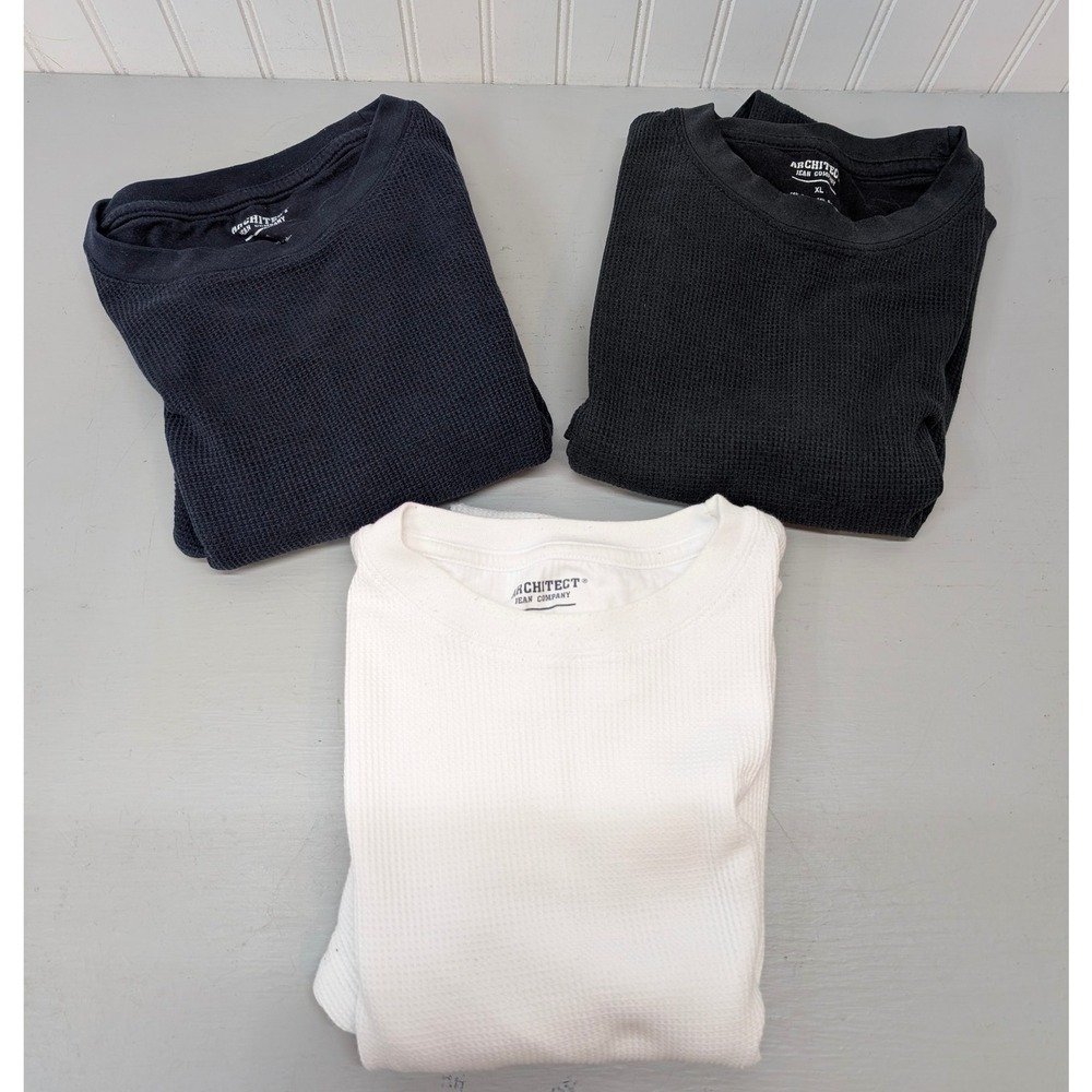 Lot of 3 Architect Jean Co Waffle‎ Knit Shirt Mens Sz XL White Black Long Sleeve